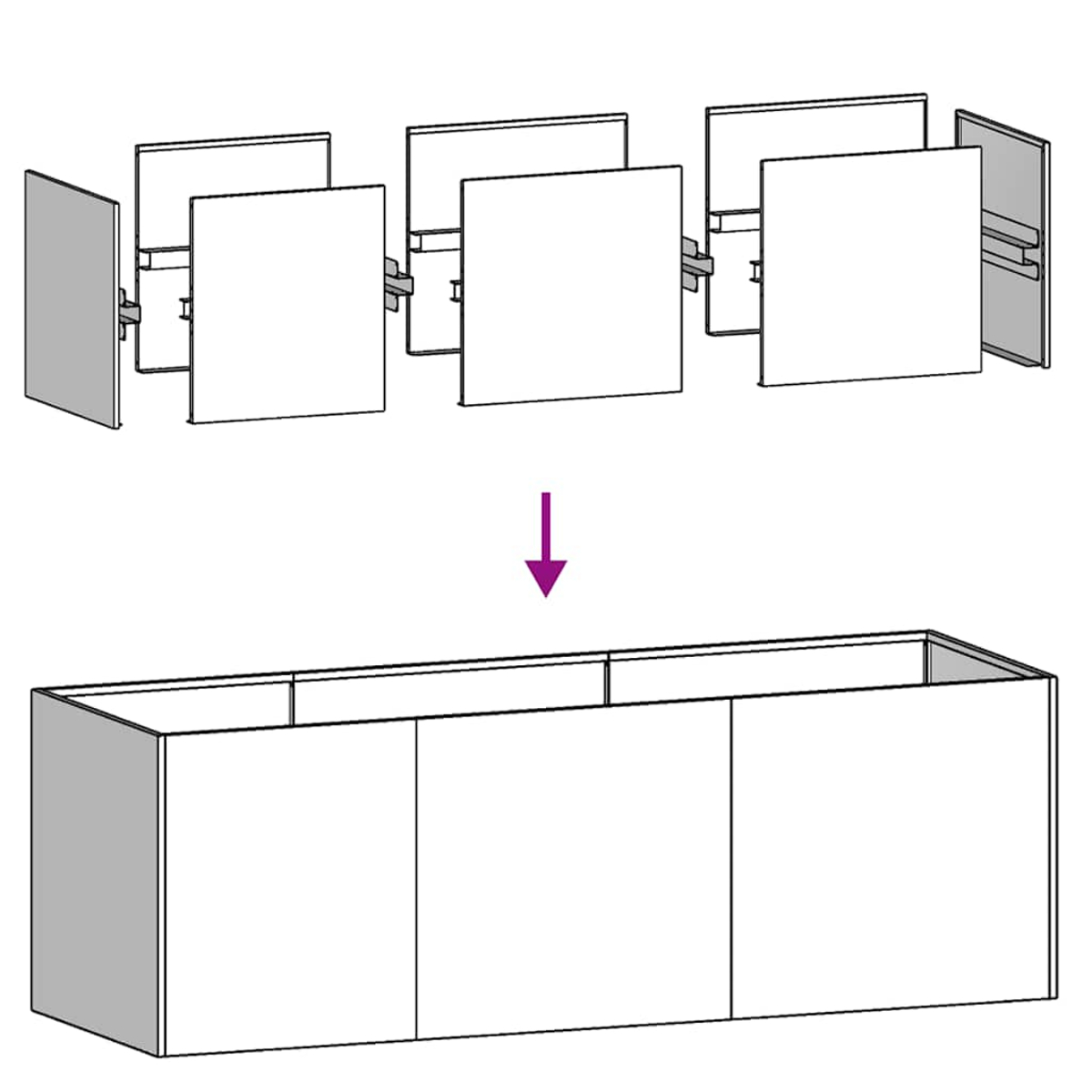 Diagramma di assemblaggio di un mobile. La parte superiore mostra pannelli staccati. Sotto, una freccia indica l'assemblaggio in un mobile rettangolare con ante.