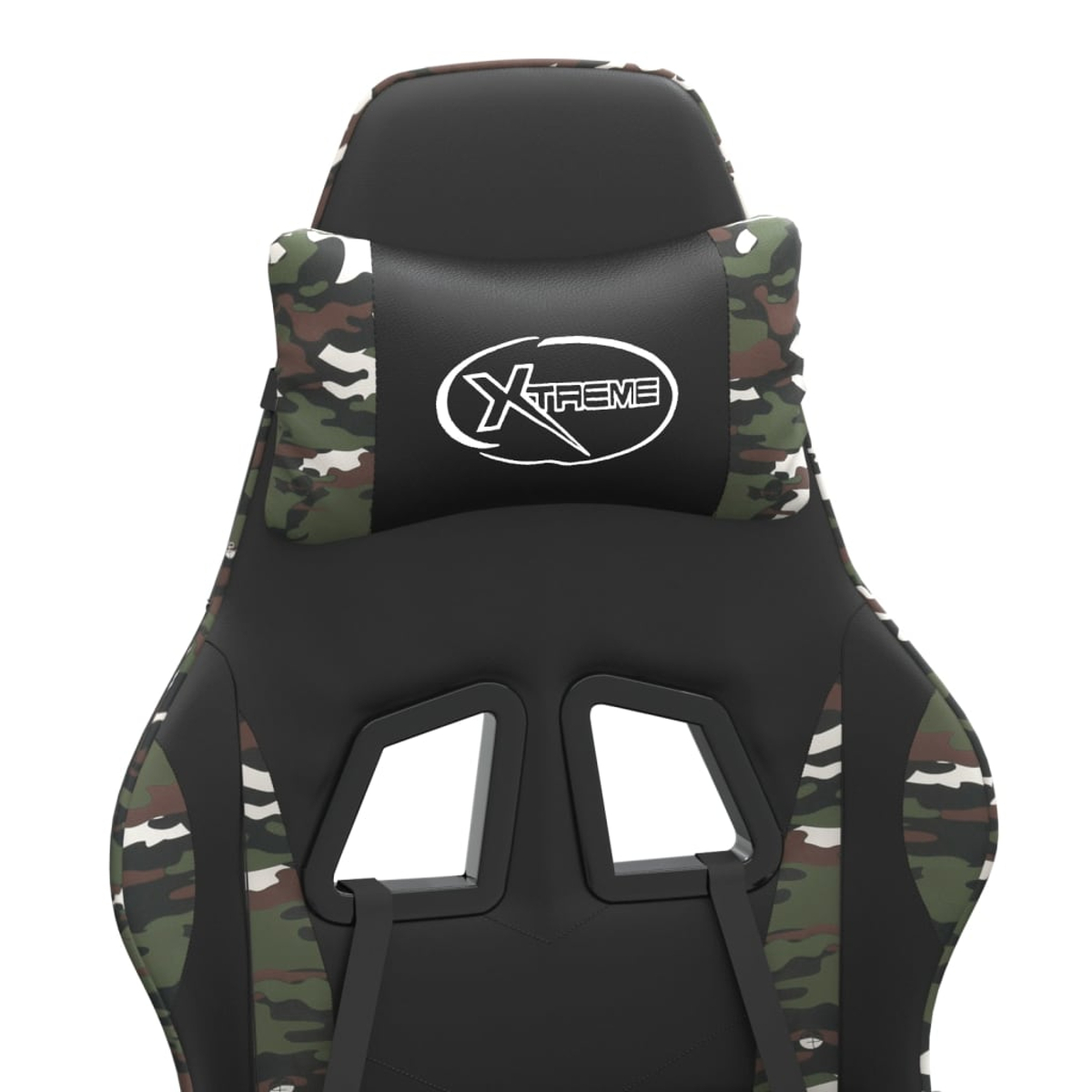 Gaming-Stuhl mit schwarzem Sitz und Rückenlehne. Camouflage-Akzente an den Seiten und der Kopfstütze. Weißes 'Xtreme'-Logo.