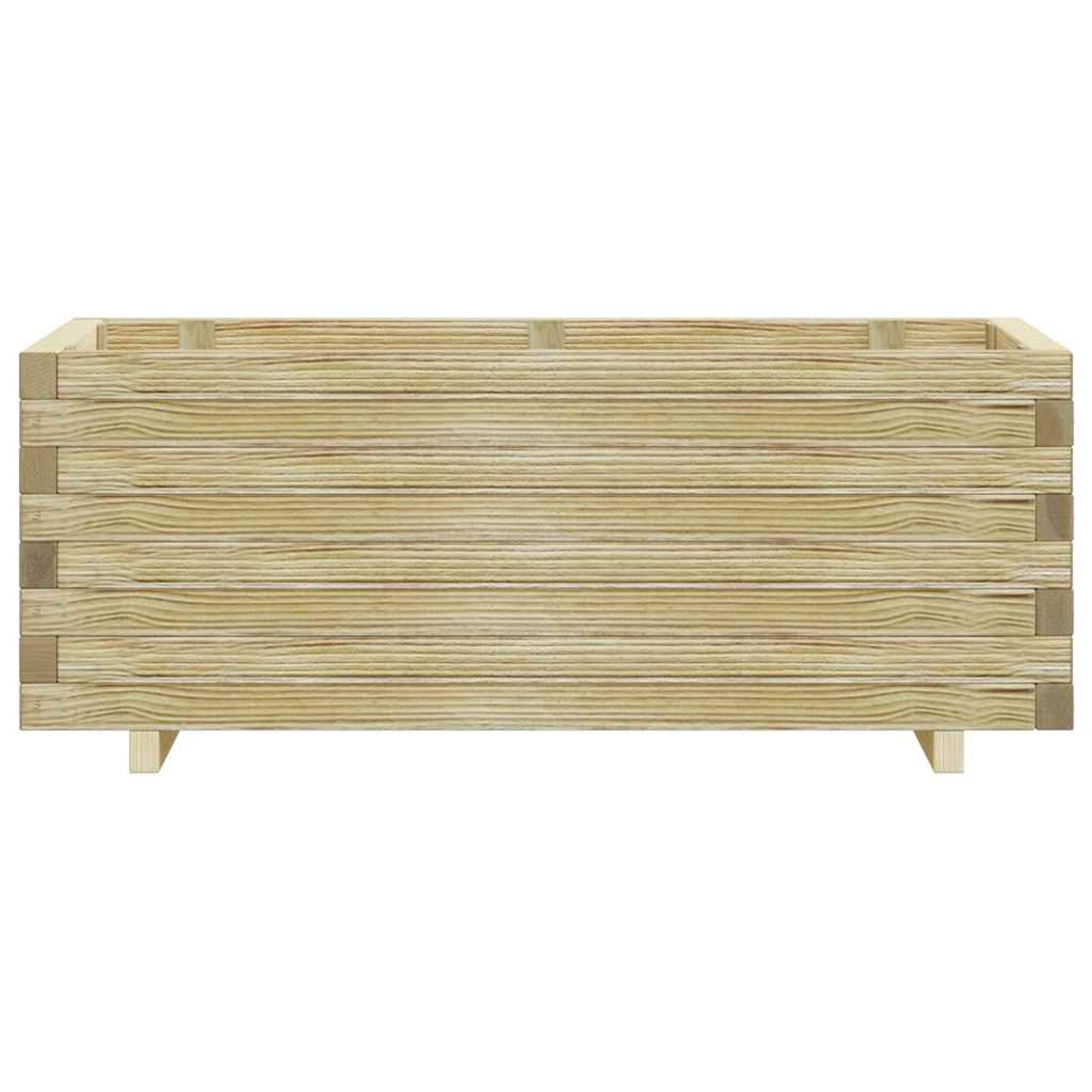Ein rechteckiger Pflanzkasten aus hellem Holz. Er hat horizontale Bretter und wird von kleinen Füßen angehoben.