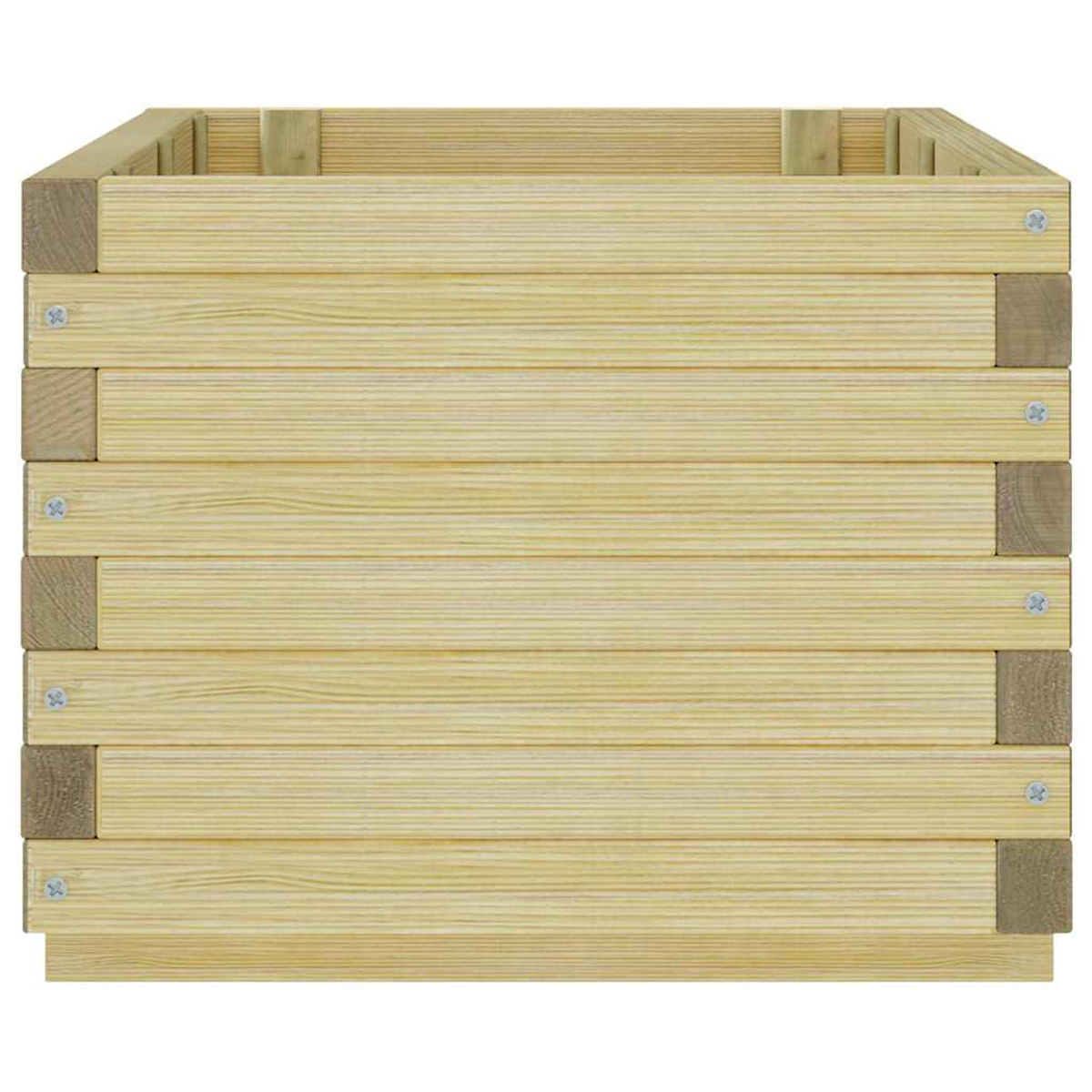 Eine quadratische Pflanzkasten aus Holz. Die Kiste besteht aus hellen Holzplanken, die mit Schrauben an den Ecken montiert sind.