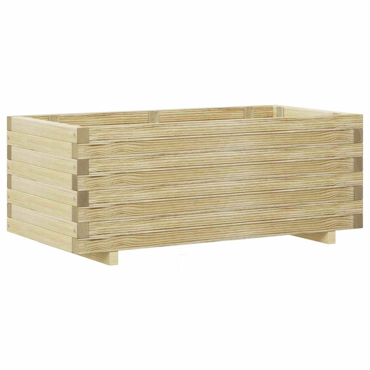 Ein rechteckiger Pflanzkasten aus Holz. Er ist aus hellen Holzplanken gefertigt, die zu einem stabilen Behälter zusammengesetzt sind.