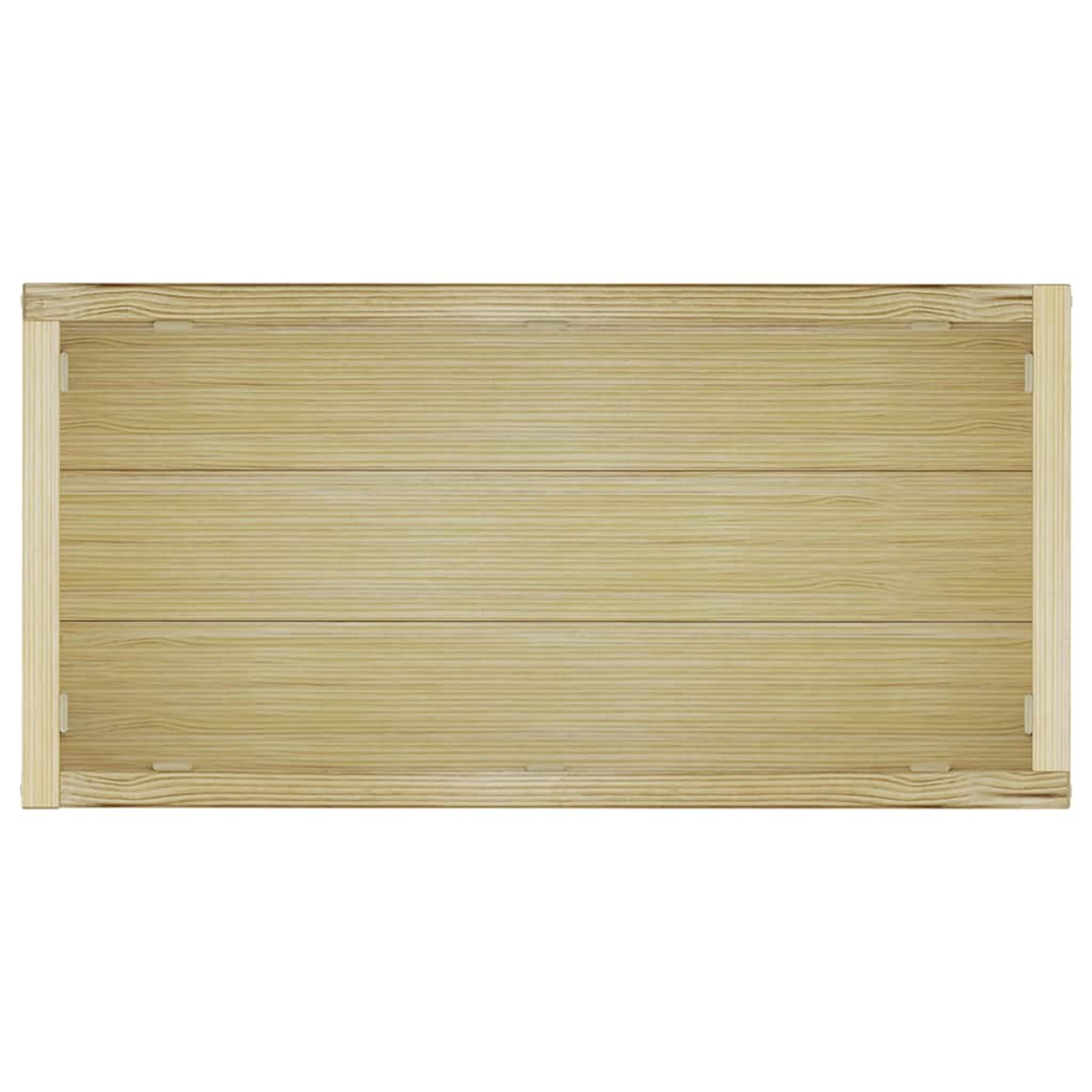 Rechteckiger Holzrahmen mit horizontalen Brettern, hellbraune Farbe. Eckverbindungen sichtbar. Hintergrund ist weiß.