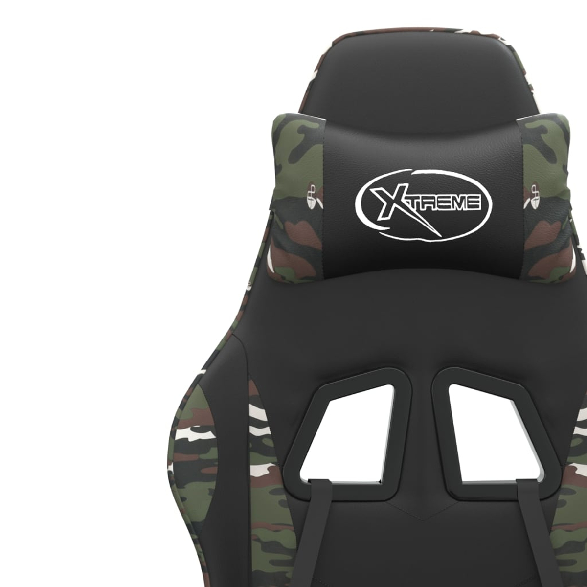 Ein Gaming-Stuhl mit schwarzer Rückenlehne und Sitzfläche. Er hat ein Camouflage-Muster auf den Seiten und der Kopfstütze. Die Kopfstütze hat das "XTREME"-Logo.