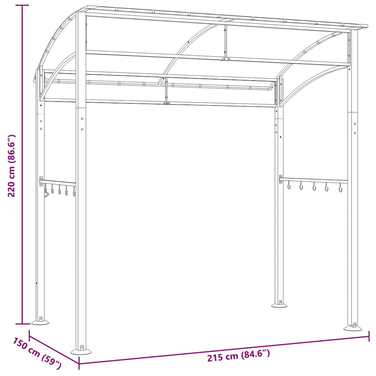 Metall-Pergola-Rahmen mit gewölbtem Dach und Haken. Abmessungen: 220 cm hoch, 215 cm breit und 150 cm tief.