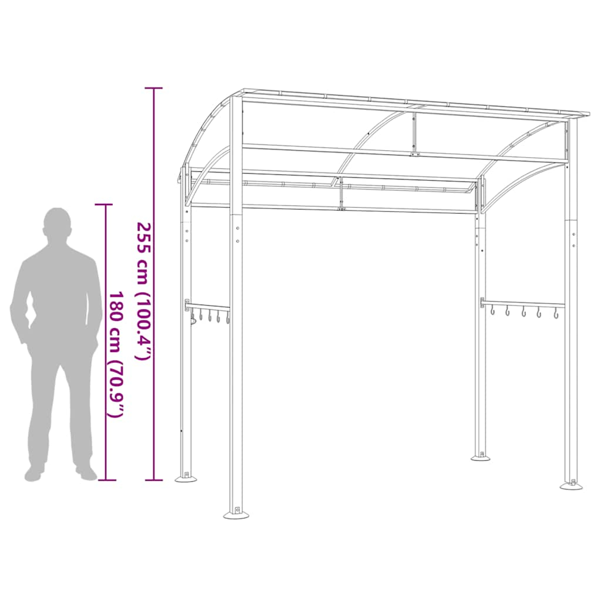 Gezeigt wird ein Metall-Gartenpavillon. Eine menschliche Silhouette steht daneben. Abmessungen sind mit Pfeilen angegeben.