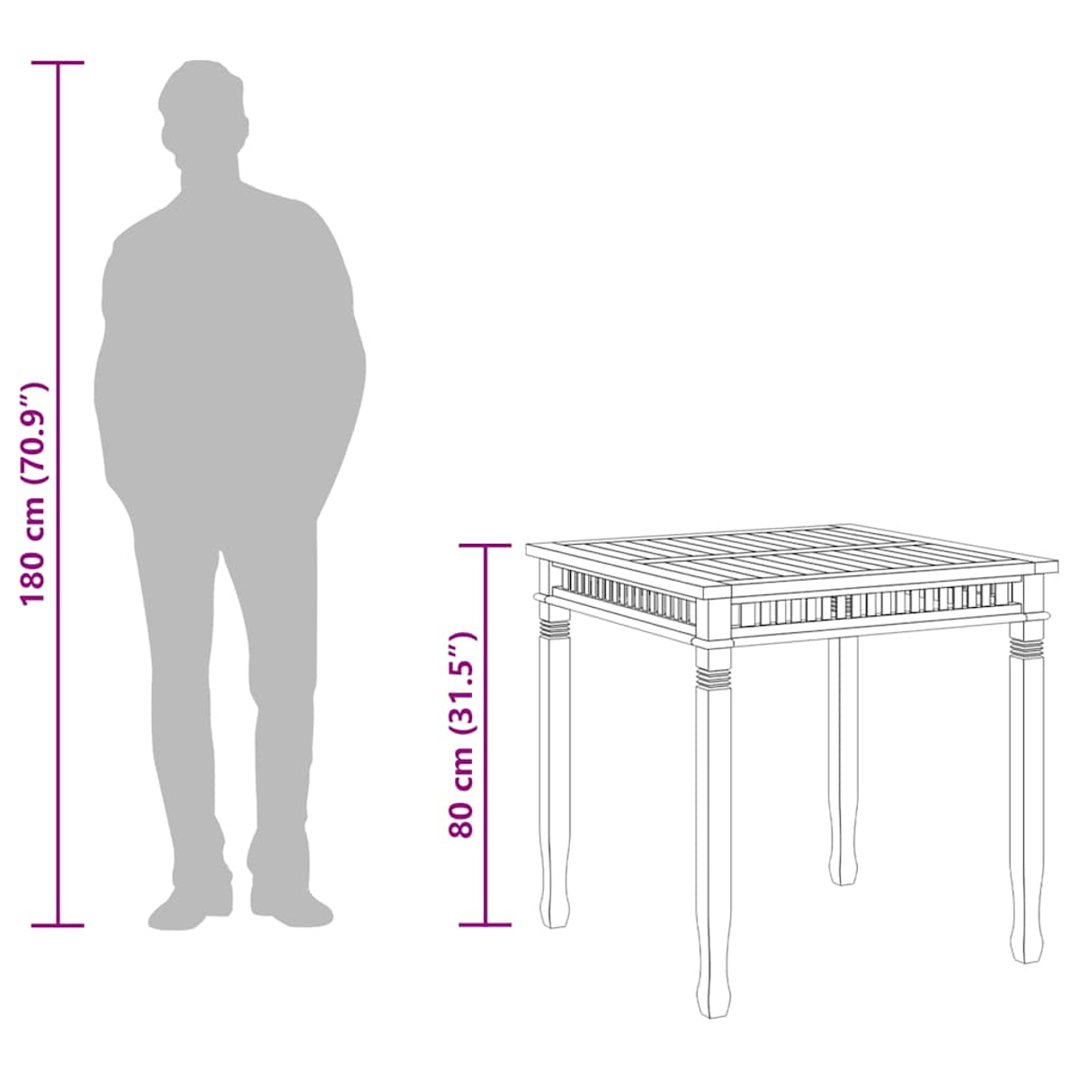 Eine Person im Schatten steht neben einem Holztisch mit Abmessungen. Die Person ist 180 cm groß. Der Tisch ist 80 cm hoch.