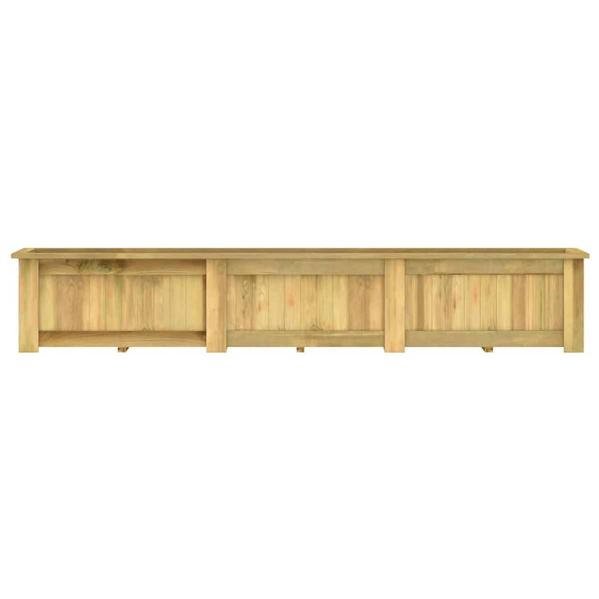 Eine lange, rechteckige Holzkiste. Sie hat vertikale Holzbretter. Der Hintergrund ist weiß.