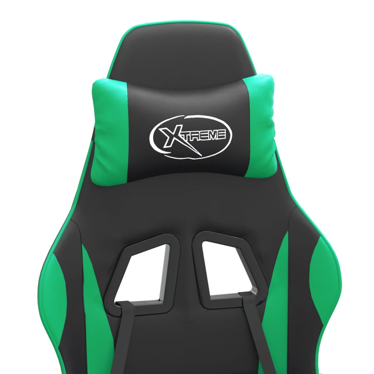 Gaming-Stuhl mit schwarz-grünem Design. Die Kopfstütze hat das 'Xtreme'-Logo. Der Stuhl hat eine Rückenlehne und einen Sitz mit Gurten.