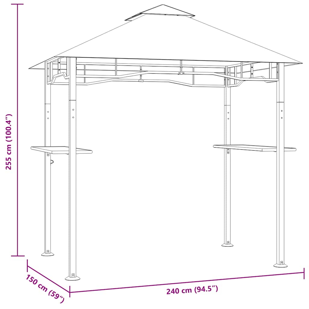 Umriss eines Pavillons mit Abmessungen: 255 cm Höhe, 150 cm Breite und 240 cm Länge. Er hat ein dreieckiges Dach und Regale an den Seiten.