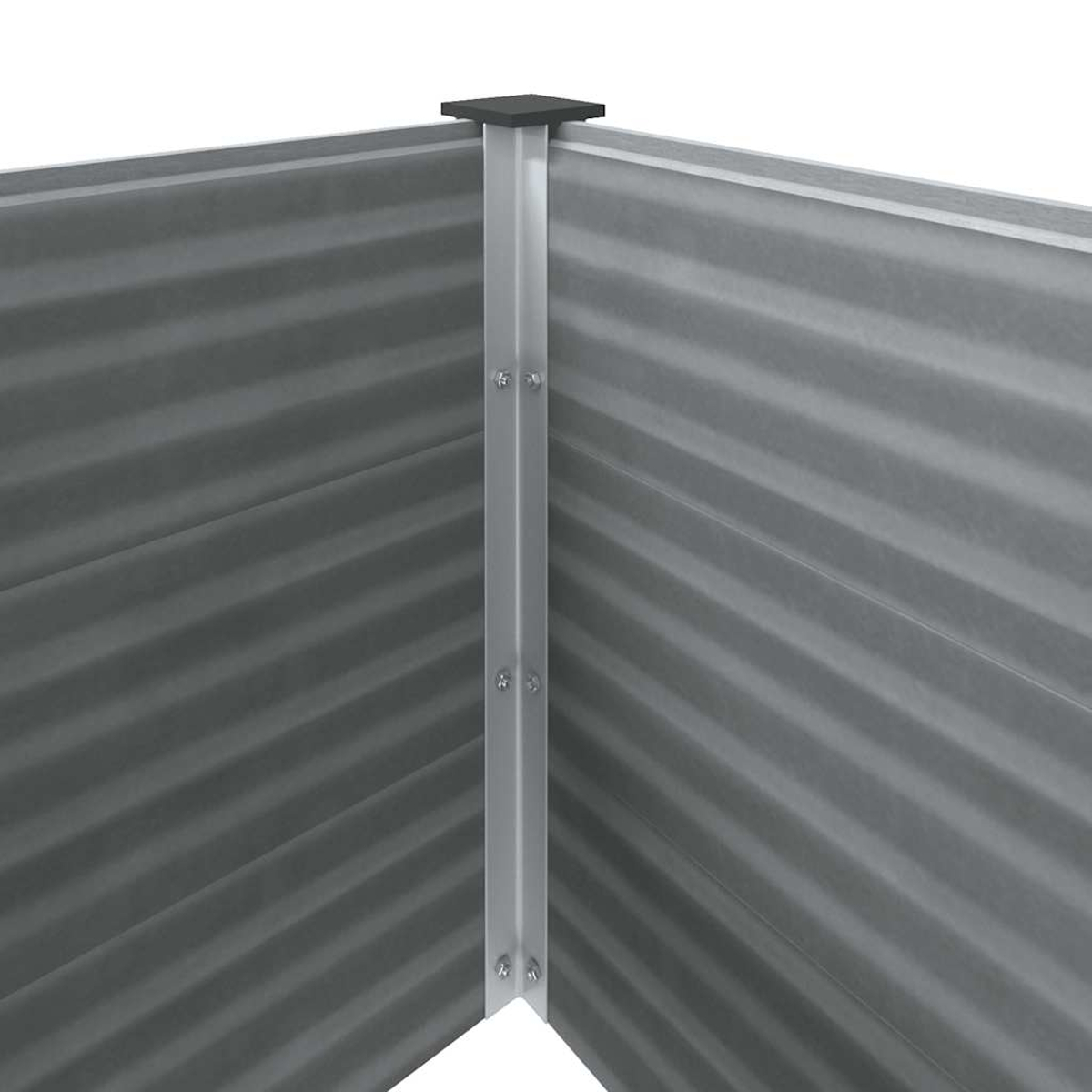 Ecke eines grauen, gewellten Metall-Gartenbeets. Ein vertikaler Stützpfosten ist sichtbar. Die Oberseite des Pfostens hat eine schwarze quadratische Kappe.