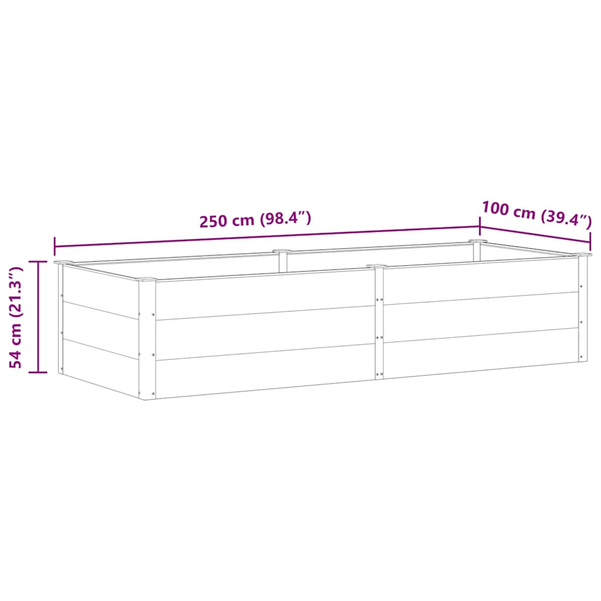 Eine rechteckige Holzpflanzkiste mit den angegebenen Abmessungen: 250 cm lang, 100 cm breit und 54 cm hoch. Sie ist leer.