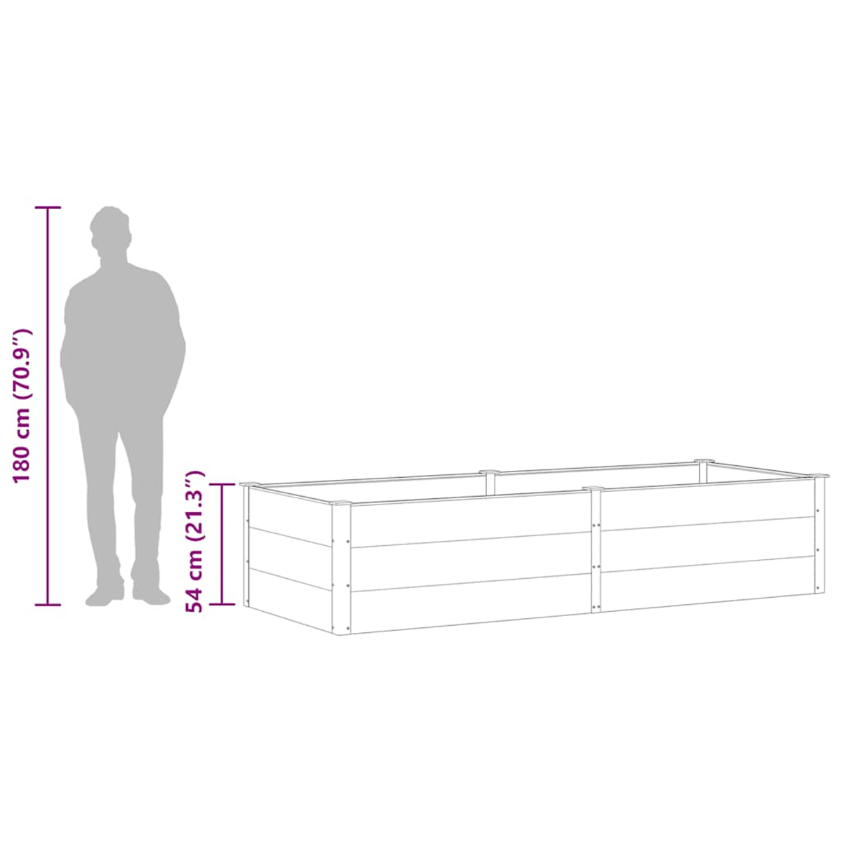 Diagramm, das die Höhe einer Person (180 cm) neben einem rechteckigen Pflanzkasten (54 cm) zeigt. Beide sind graue Silhouetten.