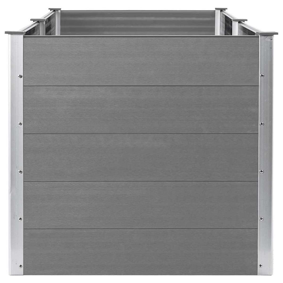 Ein graues Hochbeet mit Metallrahmen. Die Paneele sind horizontal ausgerichtet, der Rahmen aus silbernem Metall.