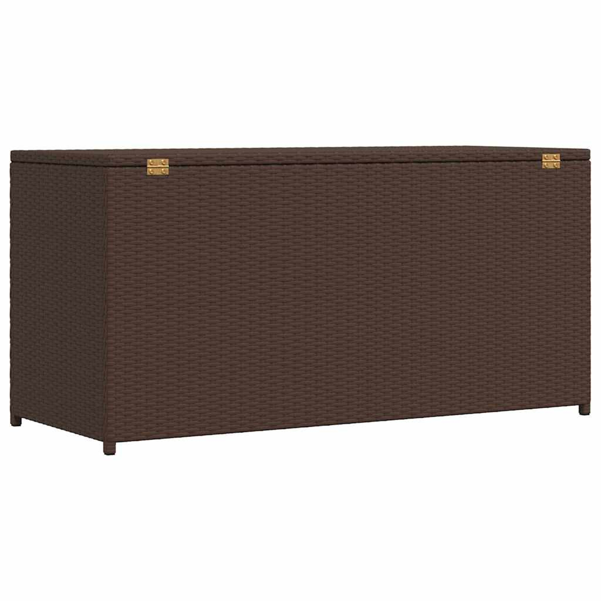Eine braune Aufbewahrungsbox aus Korbgeflecht mit einem Klappdeckel. Die Truhe ist rechteckig mit kleinen Beinen und goldfarbenen Scharnieren.