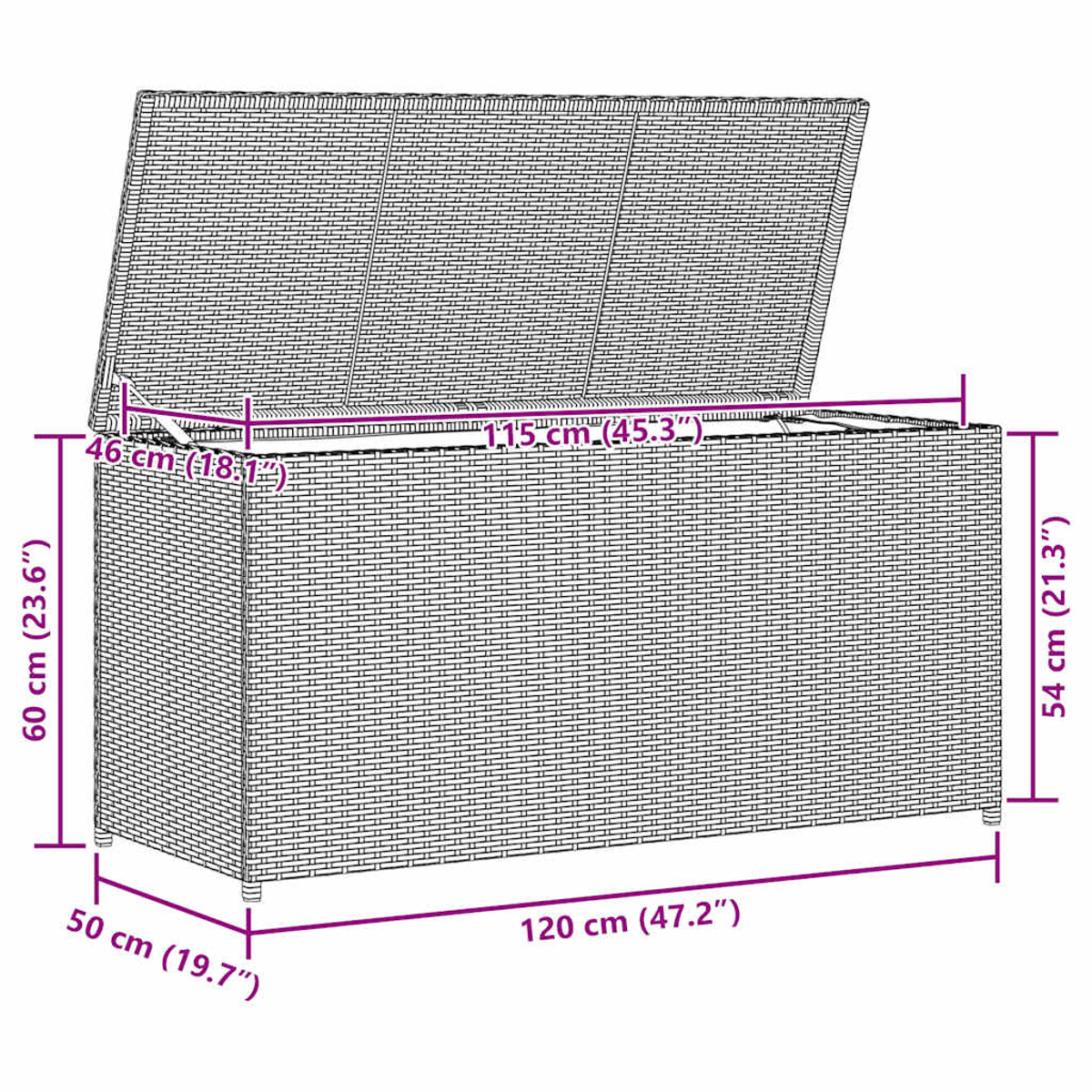 Eine rechteckige Outdoor-Aufbewahrungsbox aus gewebtem Material, mit beschrifteten Abmessungen. Der Deckel ist offen.