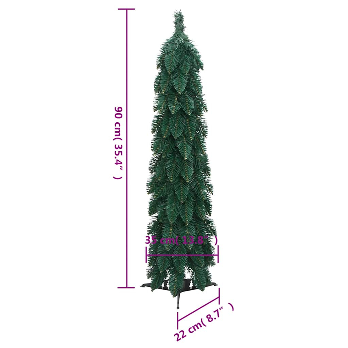 Ein schmaler, grüner künstlicher Weihnachtsbaum steht aufrecht, mit Maßangaben. Er ist 90 cm hoch und an der Basis 22 cm breit.