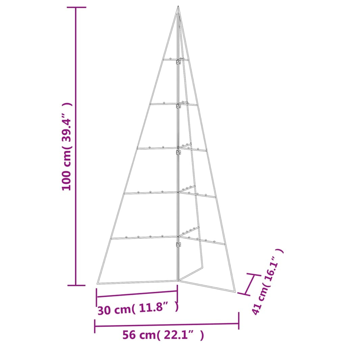 Ein metallenes, kegelförmiges Spalier mit Maßangaben. Höhe 100 cm, Breite 56 cm und Bodentiefe 30 cm.