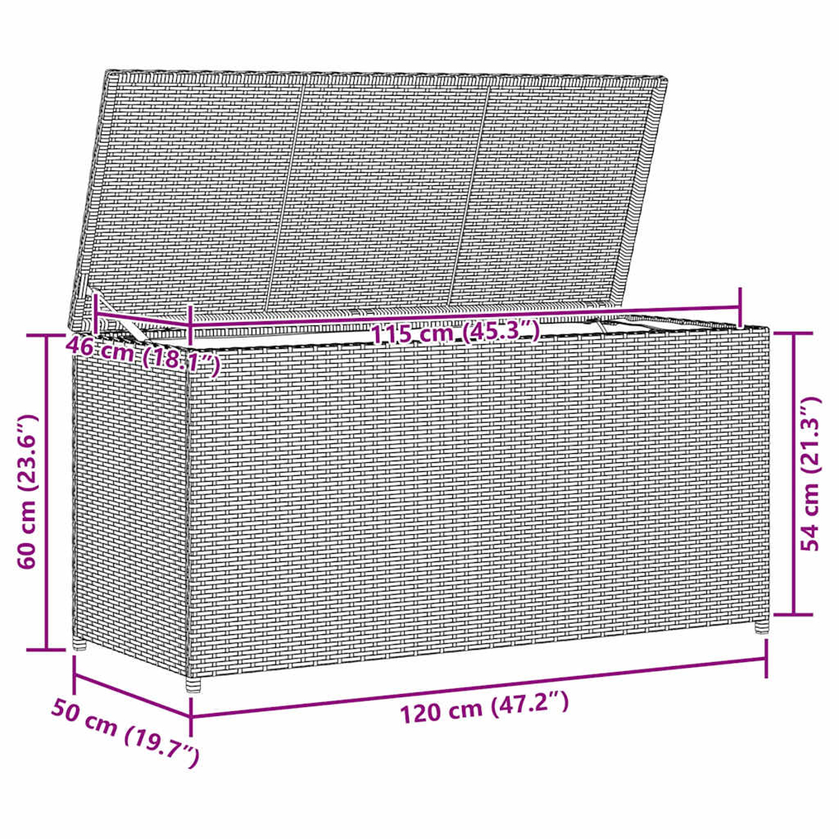 Eine braune Aufbewahrungsbox aus Korbgeflecht mit offenem Deckel. Abmessungen sind in cm und Zoll angegeben.