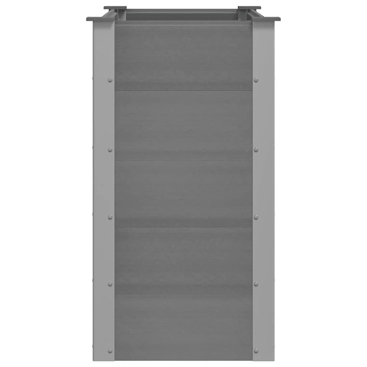Graue, rechteckige Pflanzkasten mit grauem Metallrahmen. Die Box hat horizontale Planken. Der Rahmen hat sichtbare Schrauben.