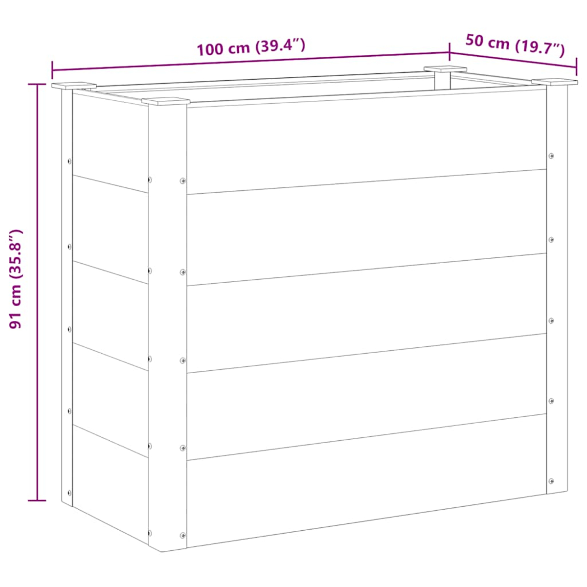 Eine Strichzeichnung zeigt einen rechteckigen Pflanzkasten mit beschrifteten Abmessungen. Die Box ist weiß und besteht aus horizontalen Planken.