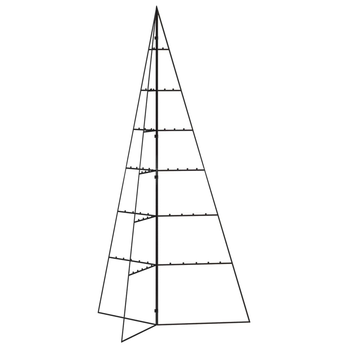 Gezeigt wird ein schwarzer Metall-Weihnachtsbaumrahmen mit mehreren Ebenen. Der Rahmen ist leer, hat eine dreieckige Form und eine flache Basis.