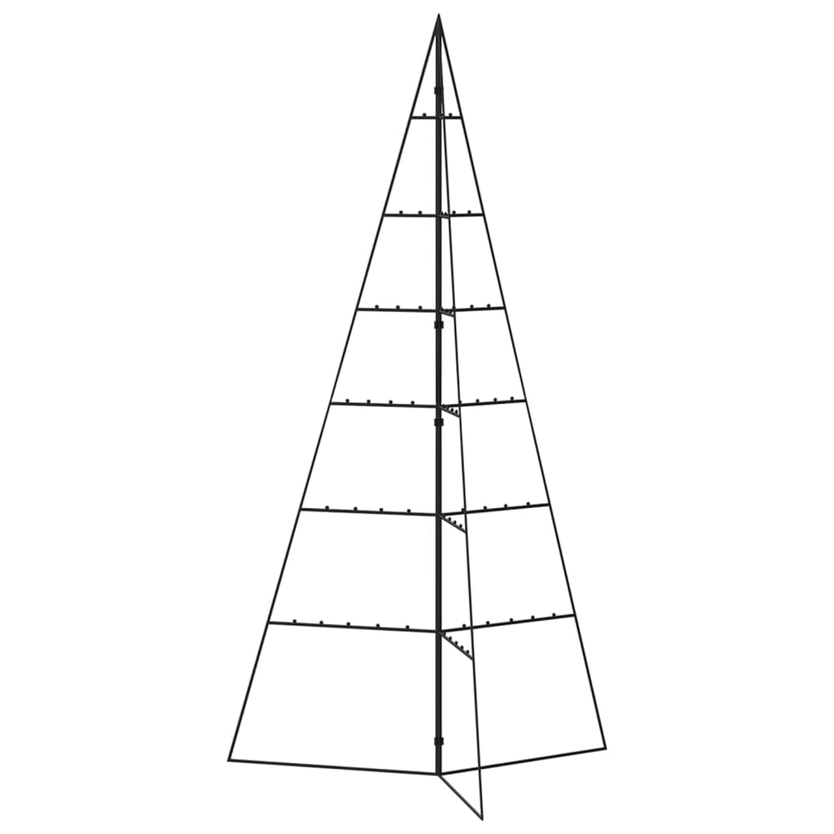 Ein schwarzer Metallrahmen in Form eines Kegels. Der Rahmen hat horizontale und vertikale Linien, mit einer Spitze und einer breiten Basis.