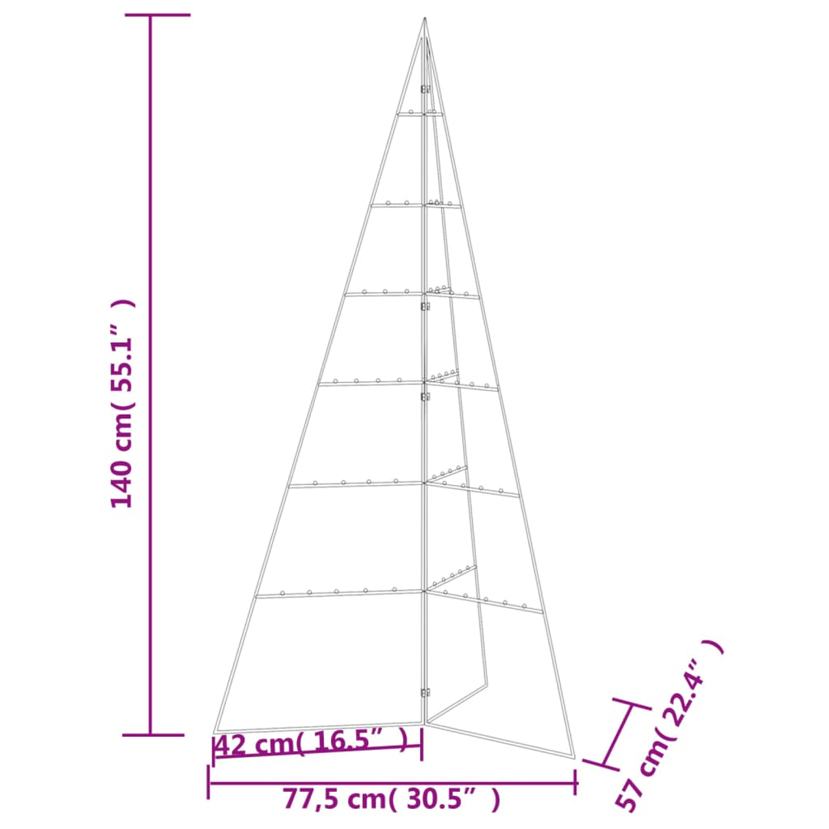 Ein metallener, dreieckiger Rahmen mit Maßangaben. Er ist 140 cm hoch, 77,5 cm breit an der Basis und 57 cm tief.