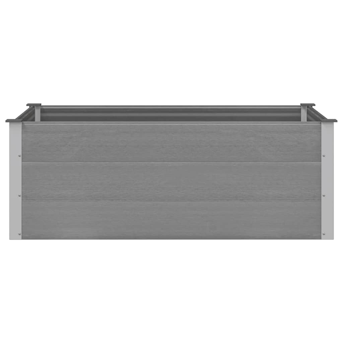 Ein graues, rechteckiges Hochbeet. Es hat graue, holzähnliche Paneele mit silbernen Metallkanten. Der Hintergrund ist weiß.