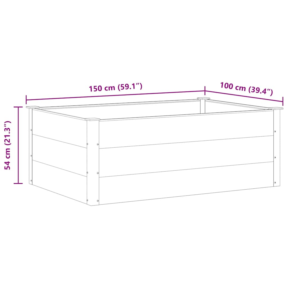 Eine weiße, rechteckige Pflanzkasten mit den angegebenen Abmessungen: 150 cm (59,1 Zoll), 100 cm (39,4 Zoll) und 54 cm (21,3 Zoll).