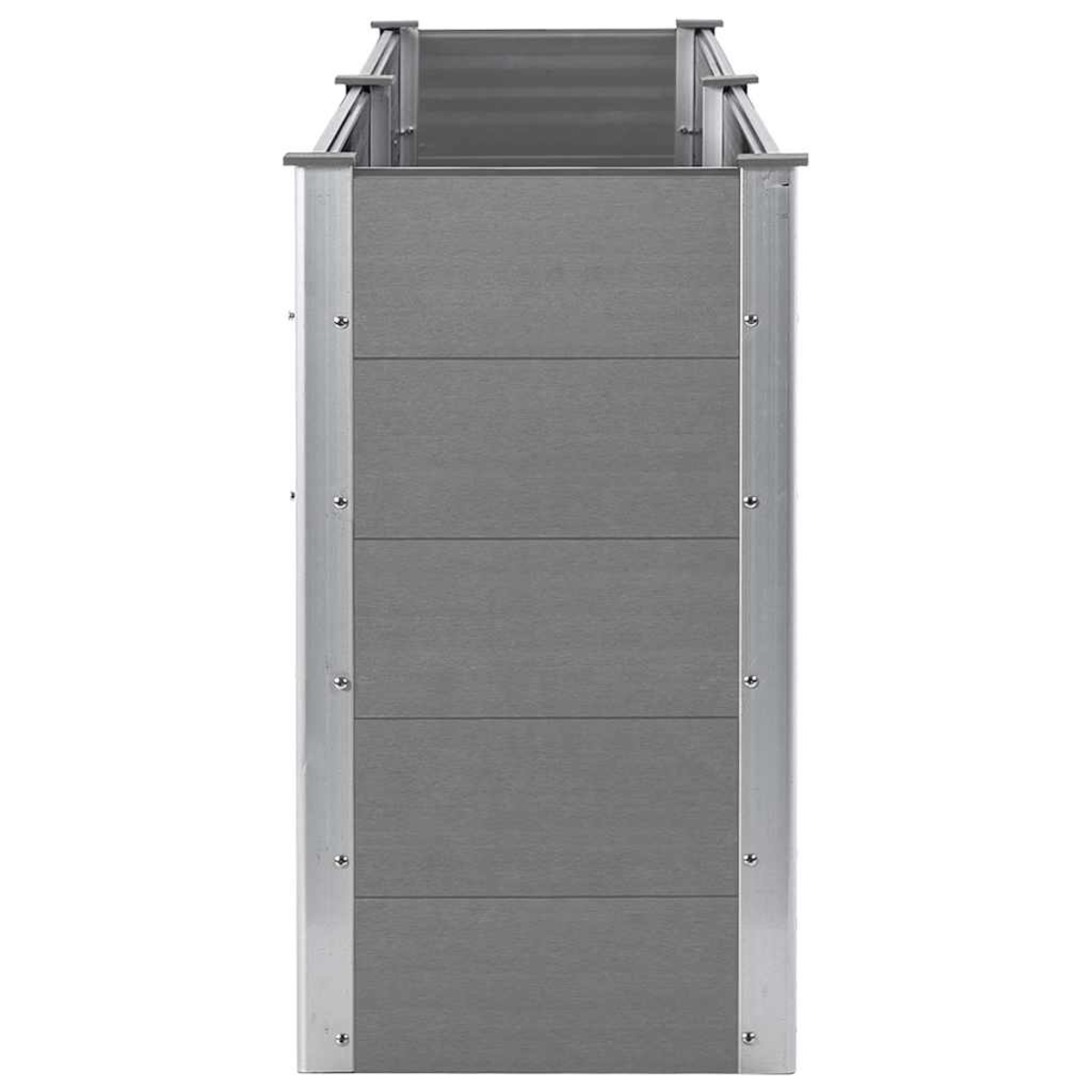 Ein grauer Pflanzkasten mit horizontalen Holzpaneelen. Silberne Metallkanten umrahmen die Box. Die obere Kante hat eine silberne Metallverkleidung.