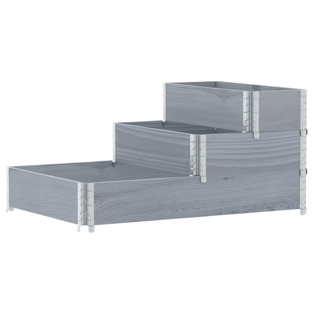 Fioriere in legno grigio a tre livelli. Ogni scatola è rettangolare, collegata con cerniere metalliche. Lo sfondo è bianco.