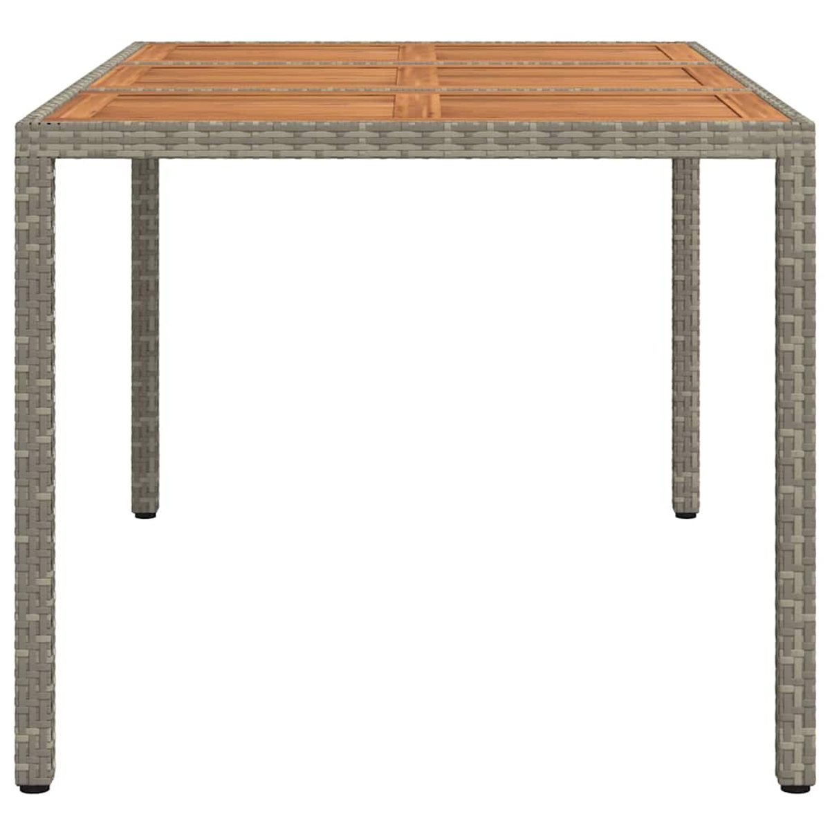 Ein quadratischer Tisch mit einer hellbraunen Holzplatte und grauen Beinen im Korbstil. Der Hintergrund ist weiß.