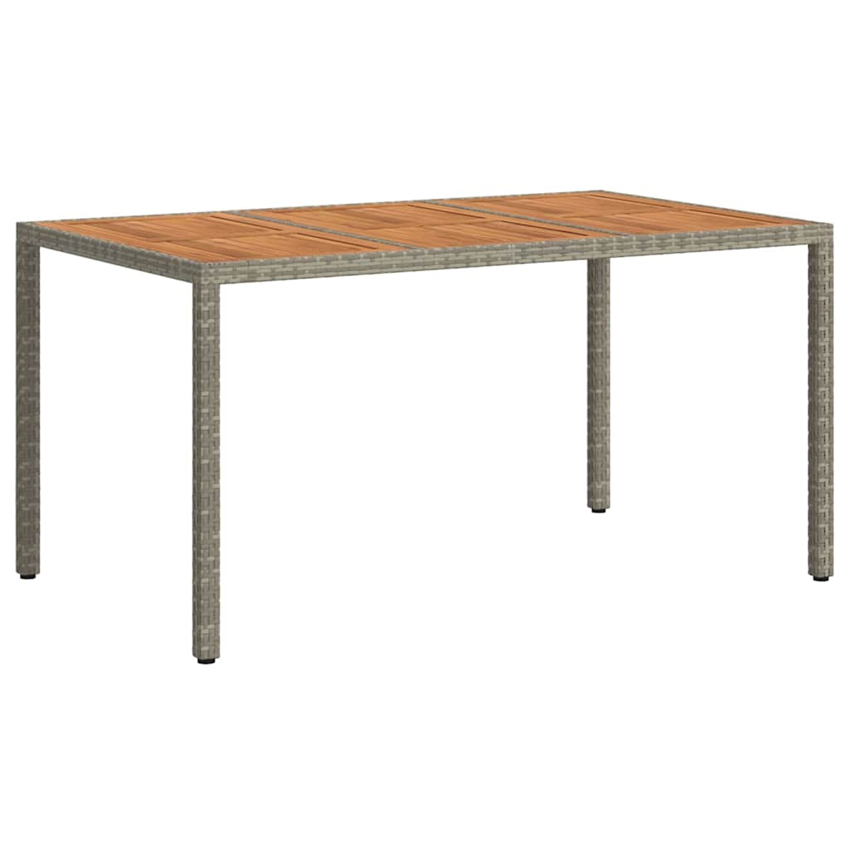 Ein rechteckiger Outdoor-Tisch. Er hat eine hellbraune Holzplatte und graue Korbstuhlbeine. Der Hintergrund ist weiß.