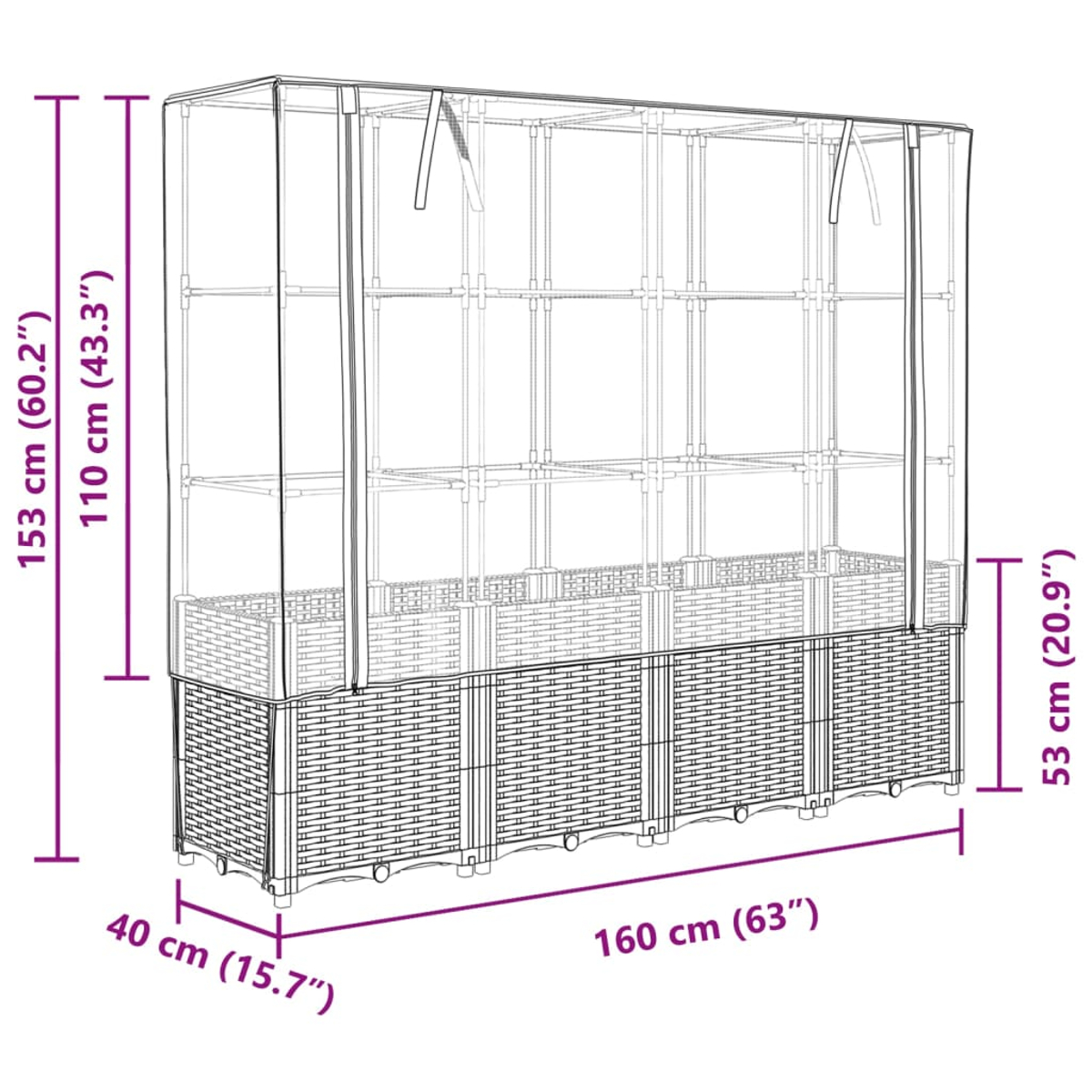 Una serra rettangolare esterna con dimensioni etichettate. Ha una base intrecciata, mensole e una copertura trasparente.