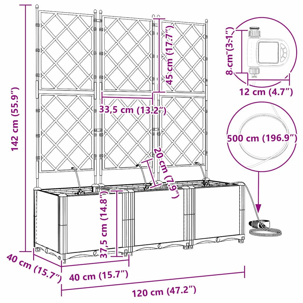 Uno schema di una fioriera da giardino con dimensioni. Include un traliccio, tre fioriere e componenti di irrigazione con misure.