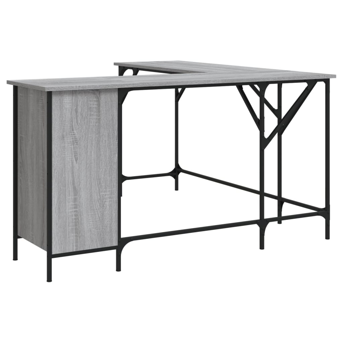 Ein L-förmiger Schreibtisch mit hellgrauer Holzmaserung und einem schwarzen Metallrahmen. Der Schreibtisch hat einen eingebauten Schrank.