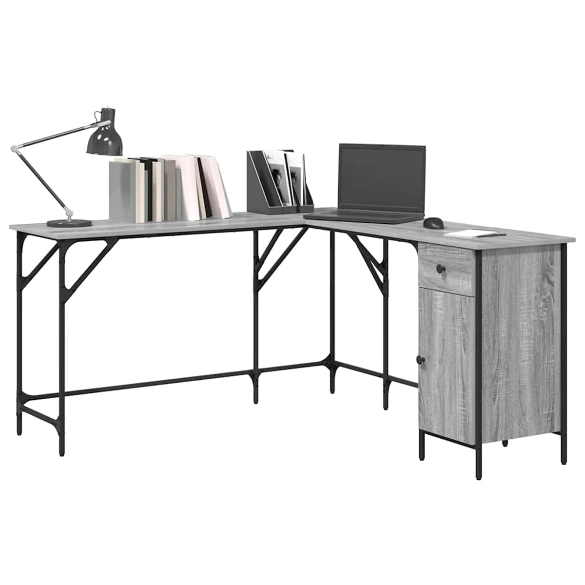 Ein L-förmiger grauer Schreibtisch mit schwarzem Rahmen. Er hat einen Laptop, eine Lampe, Bücher und einen Aktenhalter.