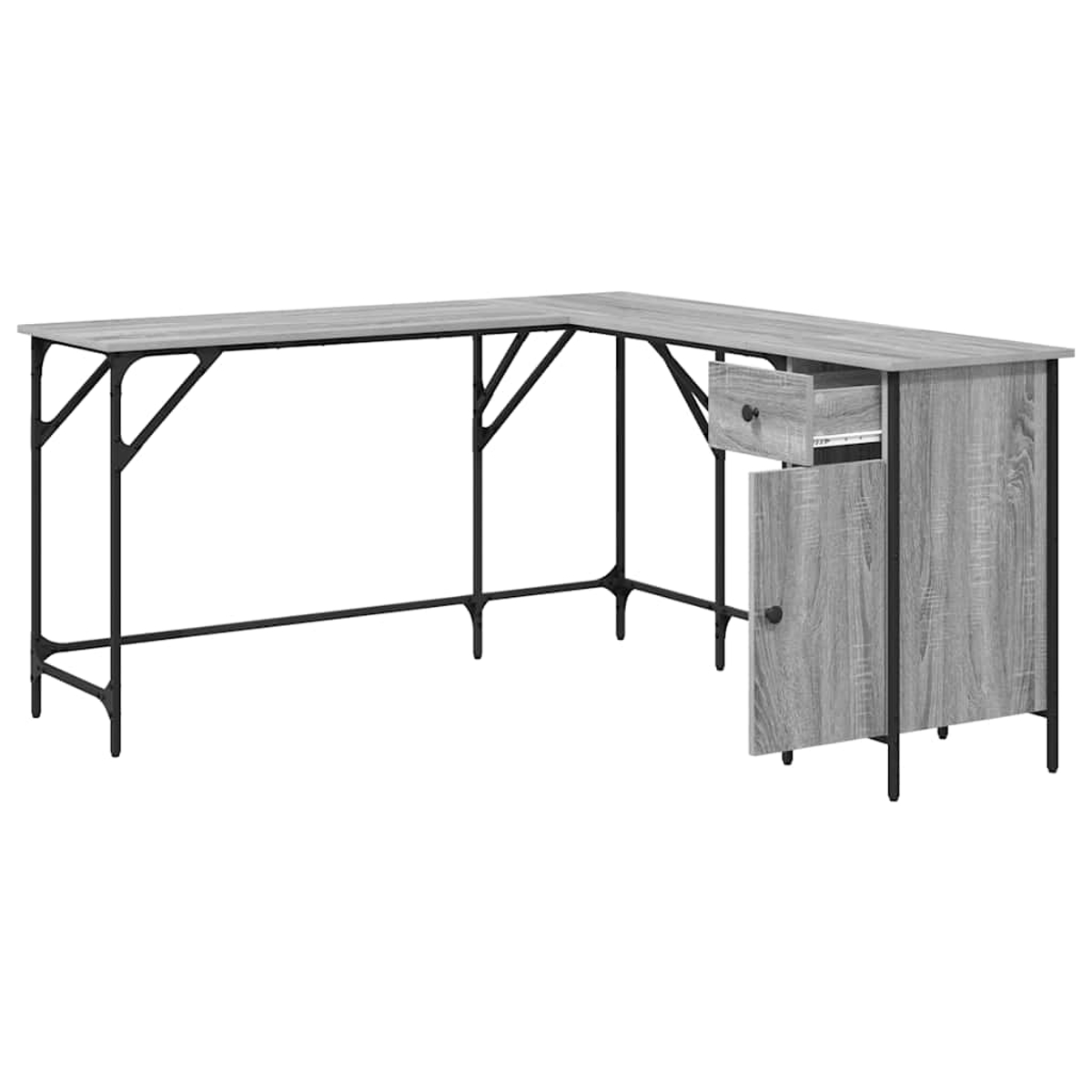 L-förmiger grauer Holzschreibtisch mit schwarzem Metallrahmen. Enthält eine Schublade und einen Schrank mit Tür. Vor weißem Hintergrund.