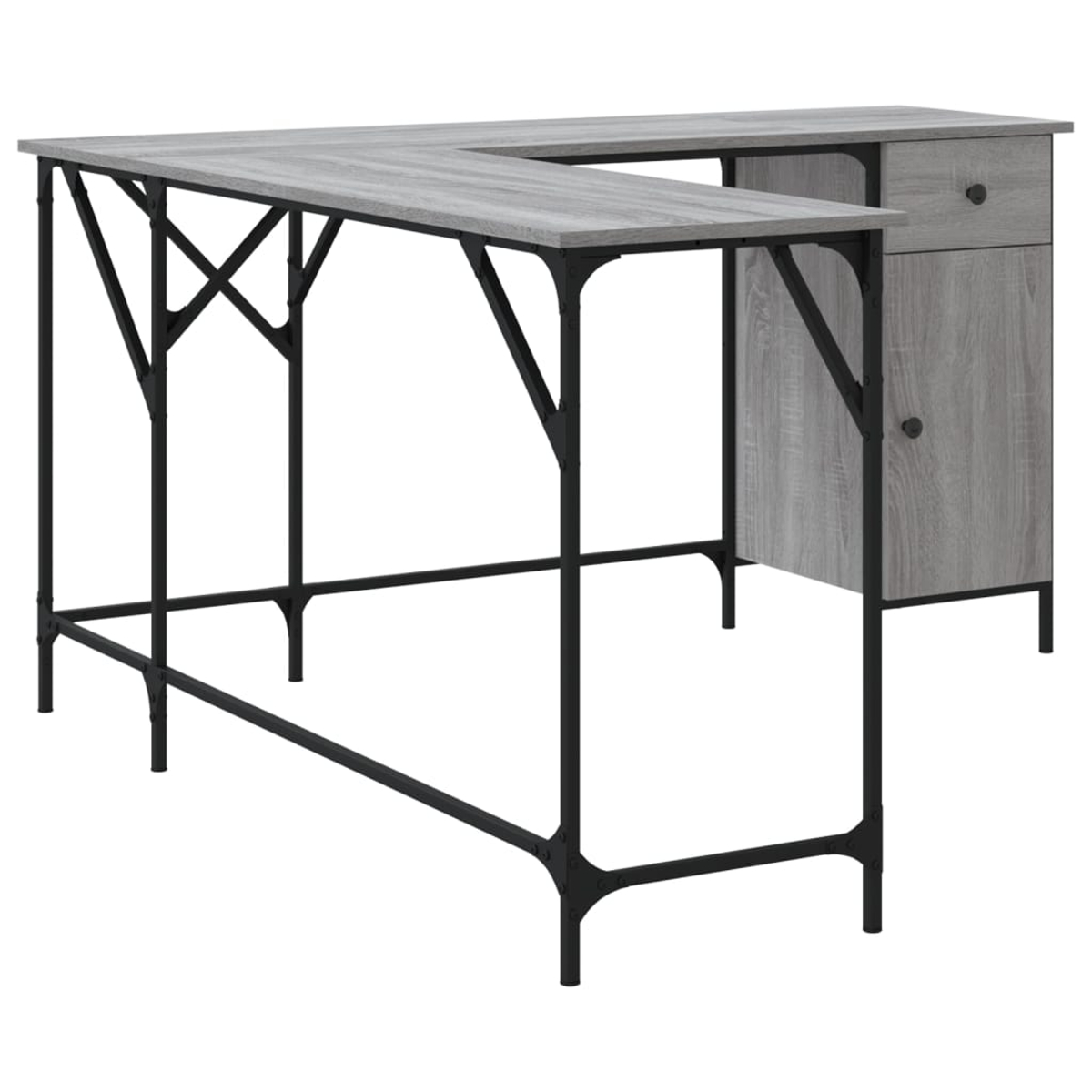 Ein L-förmiger grauer Schreibtisch mit schwarzen Metallstützen. Er hat eine Schublade und einen Schrank auf der rechten Seite.