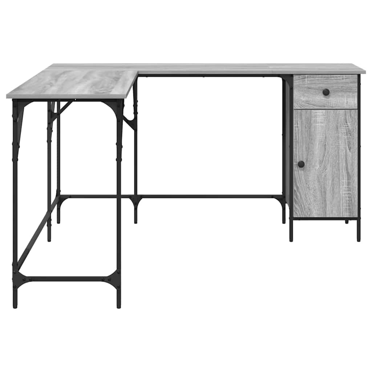Ein L-förmiger Schreibtisch mit hellgrauer Holzmaserung. Er hat schwarze Metallbeine und einen Schrank mit Schublade und Tür.