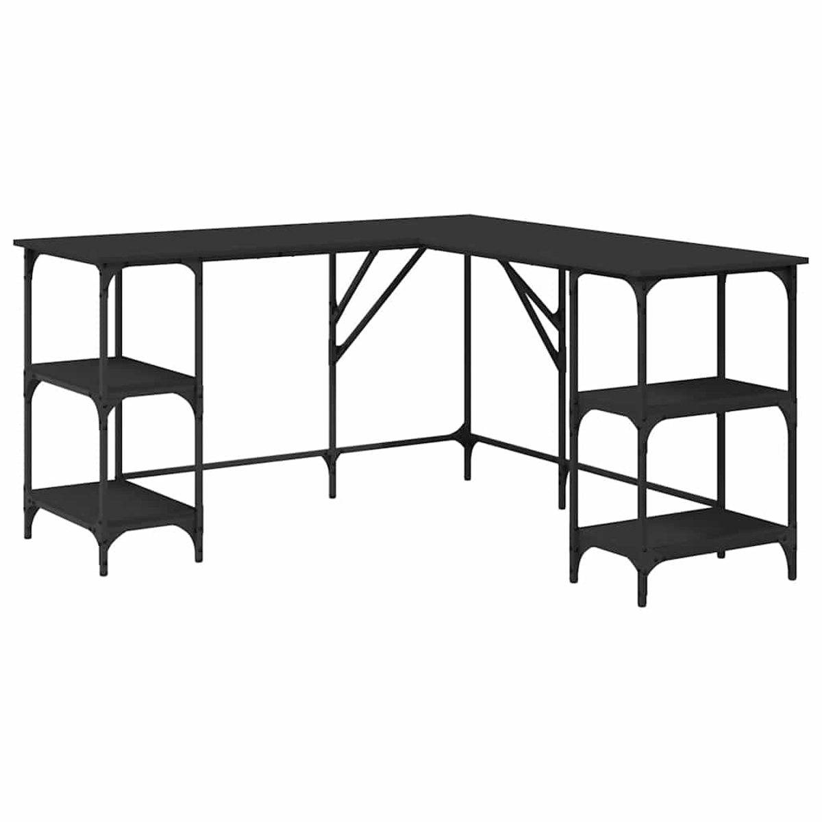 Ein schwarzer L-förmiger Schreibtisch mit zwei Regalen. Der Schreibtisch hat ein Metallgestell und eine ebene Oberfläche. Die Regale sind unter dem Tisch.