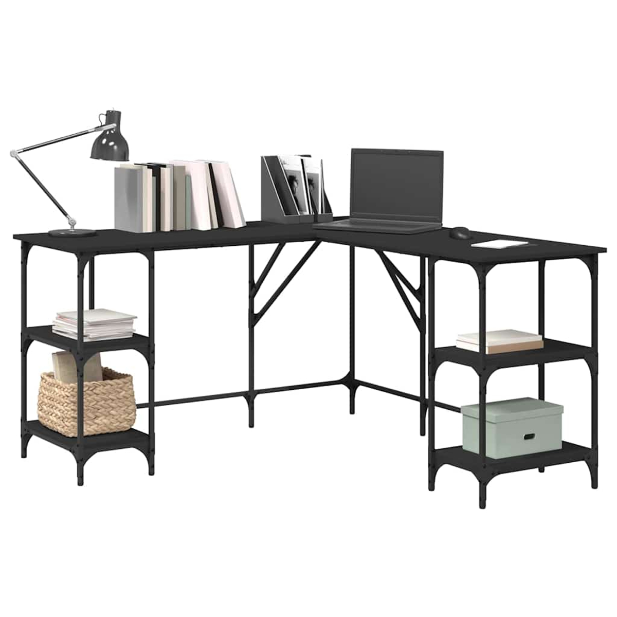 Schwarzer L-förmiger Schreibtisch mit Regalen. Er hat einen Laptop, Bücher, eine Lampe und einen Korb. Es gibt auch eine Box und eine Maus auf dem Schreibtisch.