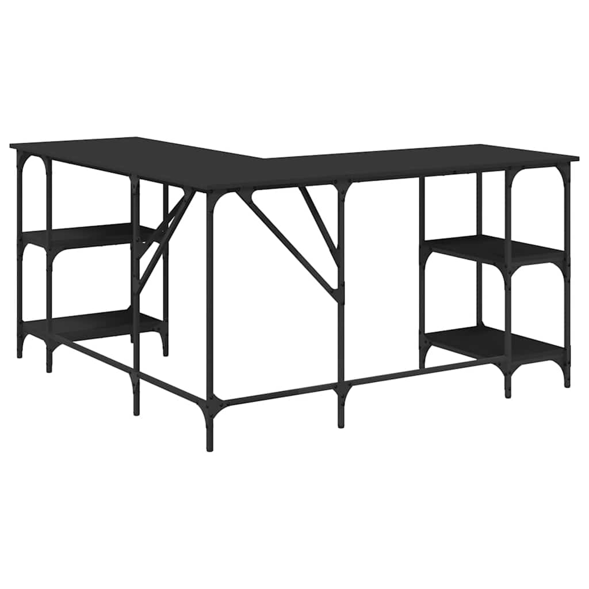 Ein schwarzer L-förmiger Schreibtisch mit Regalen. Der Schreibtisch hat ein Metallgestell und drei Regale auf jeder Seite.