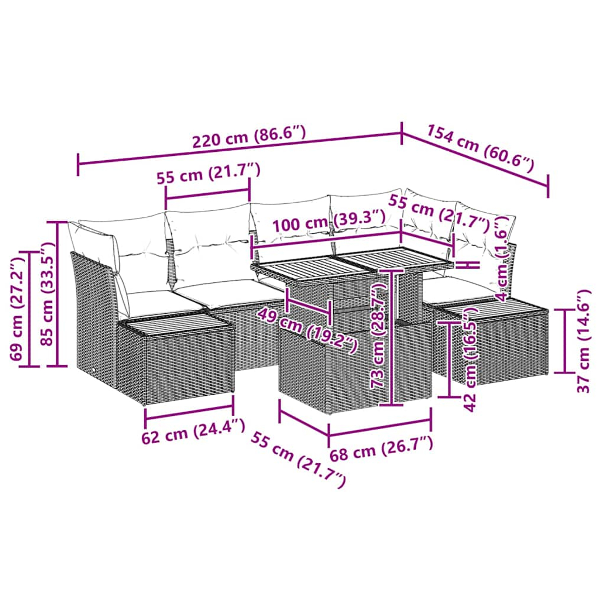 Diagramm eines Outdoor-Möbelsets mit Abmessungen in cm. Enthält ein Sofa, einen Tisch und Fußstützen.