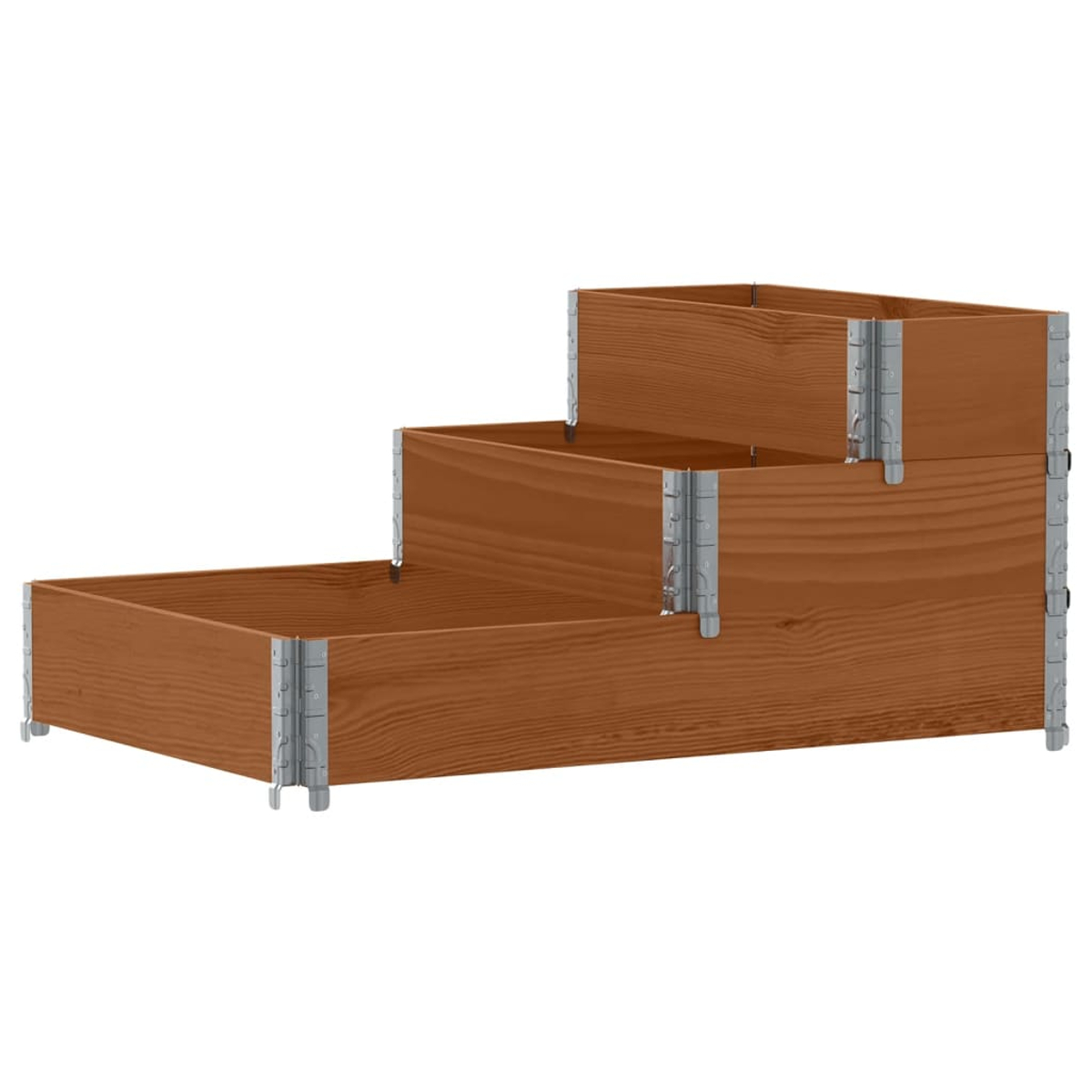 Aiuola in legno a tre livelli, colore marrone, con cerniere argentate, su sfondo bianco.