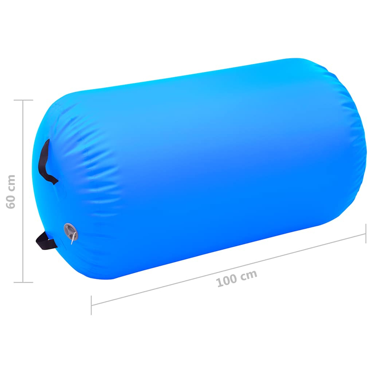 Ein blauer aufblasbarer Zylinder, 100 cm lang und 60 cm hoch. Er hat schwarze Griffe und ein Ventil. Weißer Hintergrund.