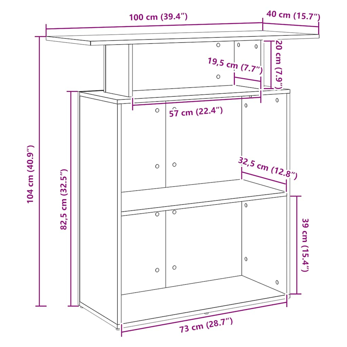 Eine schematische Zeichnung eines Holzschranks mit Maßen. Er hat Regale und eine obere Fläche. Maße in cm und Zoll sind sichtbar.