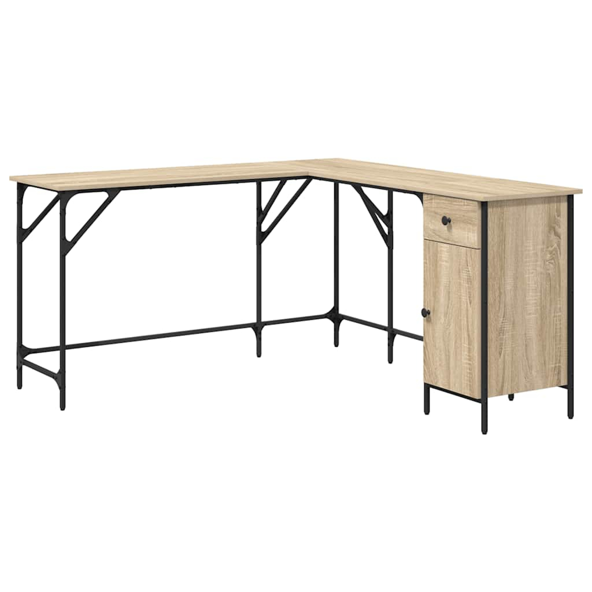 Ein L-förmiger Holzschreibtisch mit schwarzem Metallrahmen. Er hat eine Schublade und einen Schrank auf der rechten Seite. Der Hintergrund ist weiß.