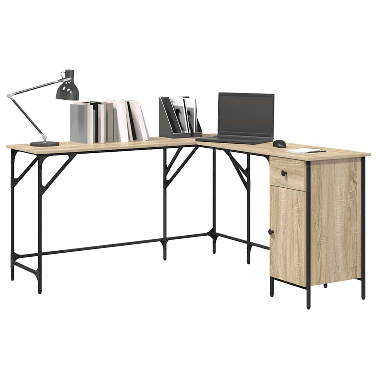 Ein L-förmiger Holzschreibtisch mit schwarzem Metallrahmen. Er hat eine Lampe, Bücher, einen Laptop und einen Schrank.