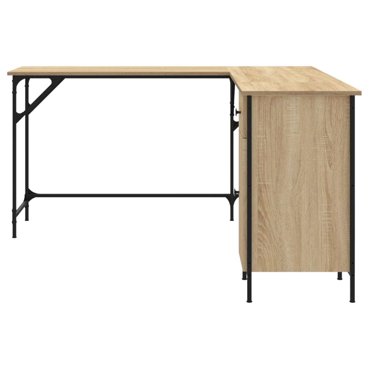Ein L-förmiger Holzschreibtisch mit schwarzen Metallbeinen. Der Schreibtisch hat eine helle Holzoberfläche und eine Schubladeneinheit.
